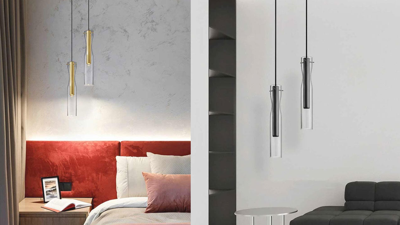 Pendelleuchte mit Glasschirm und Messingrohr
